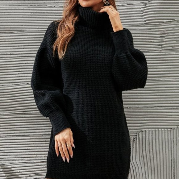 Classic Black Knit Mini Sweater Turtleneck Dress - Picture 4 of 8